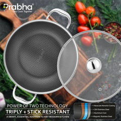 Tri-ply Hexa Cube Kadhai With Lid With Honeycomb Surface