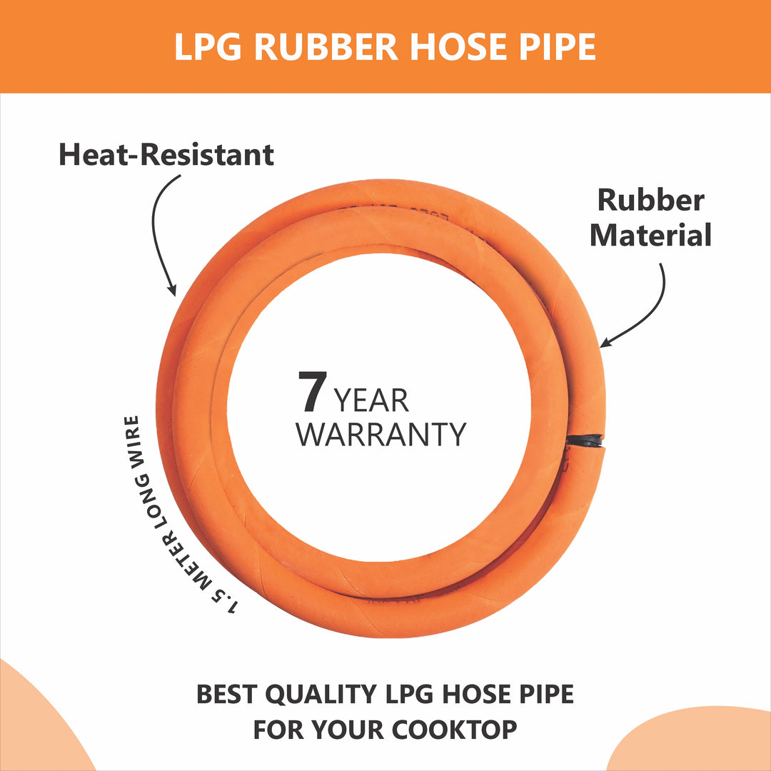 Prabha 1.5 M LPG Rubber Hose Pipe with Reinforced Steel Wire, ISI Certified (Orange) 7 Years Warranty (Hose Pipe Pouch Packing)