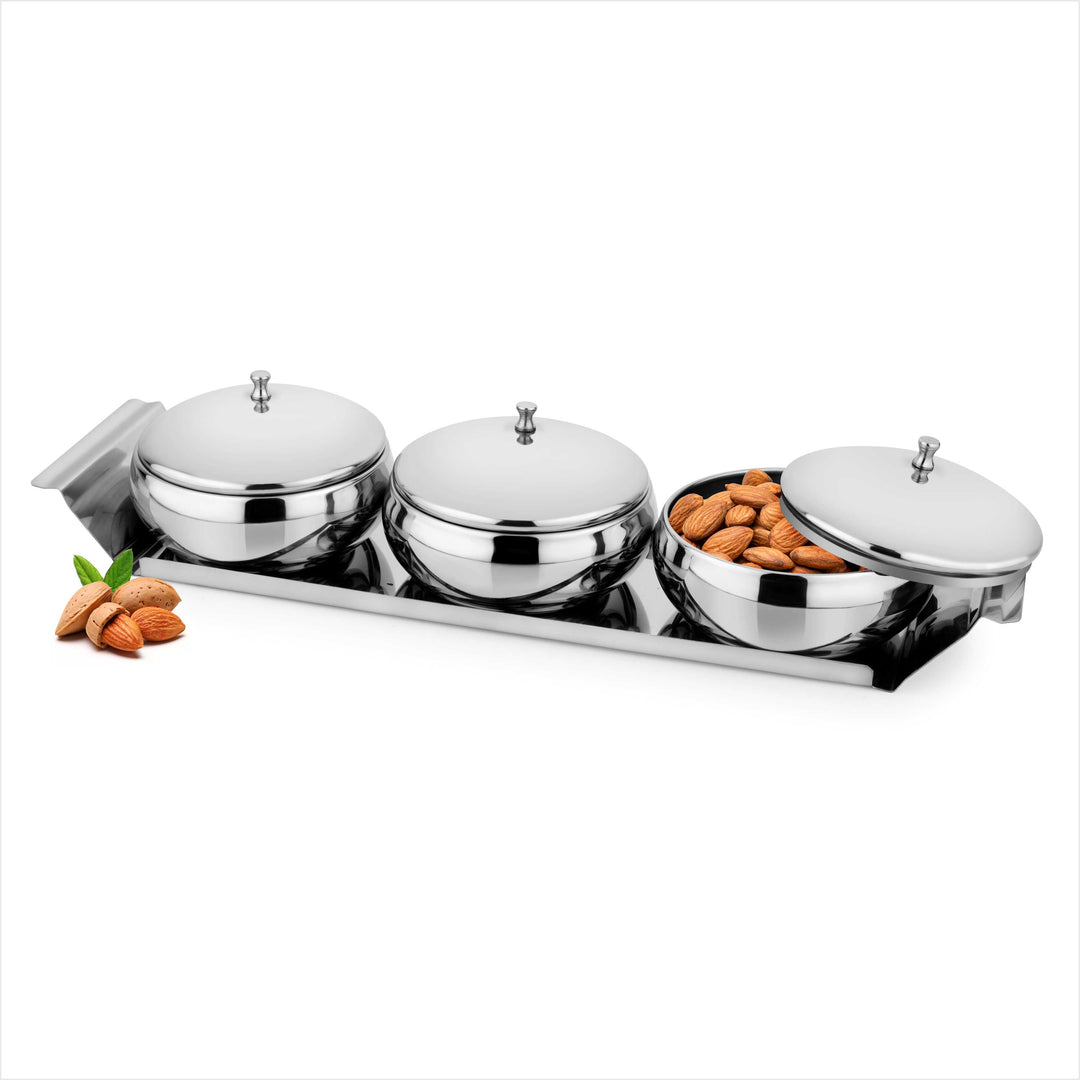 Stainless Steel Lotus Bowl 3 Pcs Set with Tray for Multipurpose, Useful for Home Kitchen, Restaurants Dining Table & More