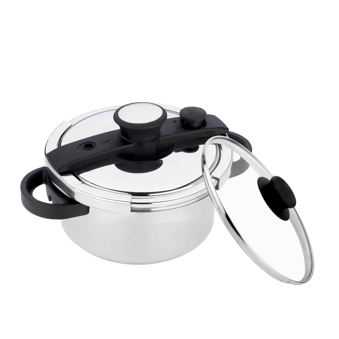 Prabha Cook-on Outer Lid Stainless Steel Pressure Cooker | Deep Lid controls spillage | Pressure Indicator | Anti-bulge Base | Cool Touch Weight | Gas & Induction Base compatible | 5 years warranty