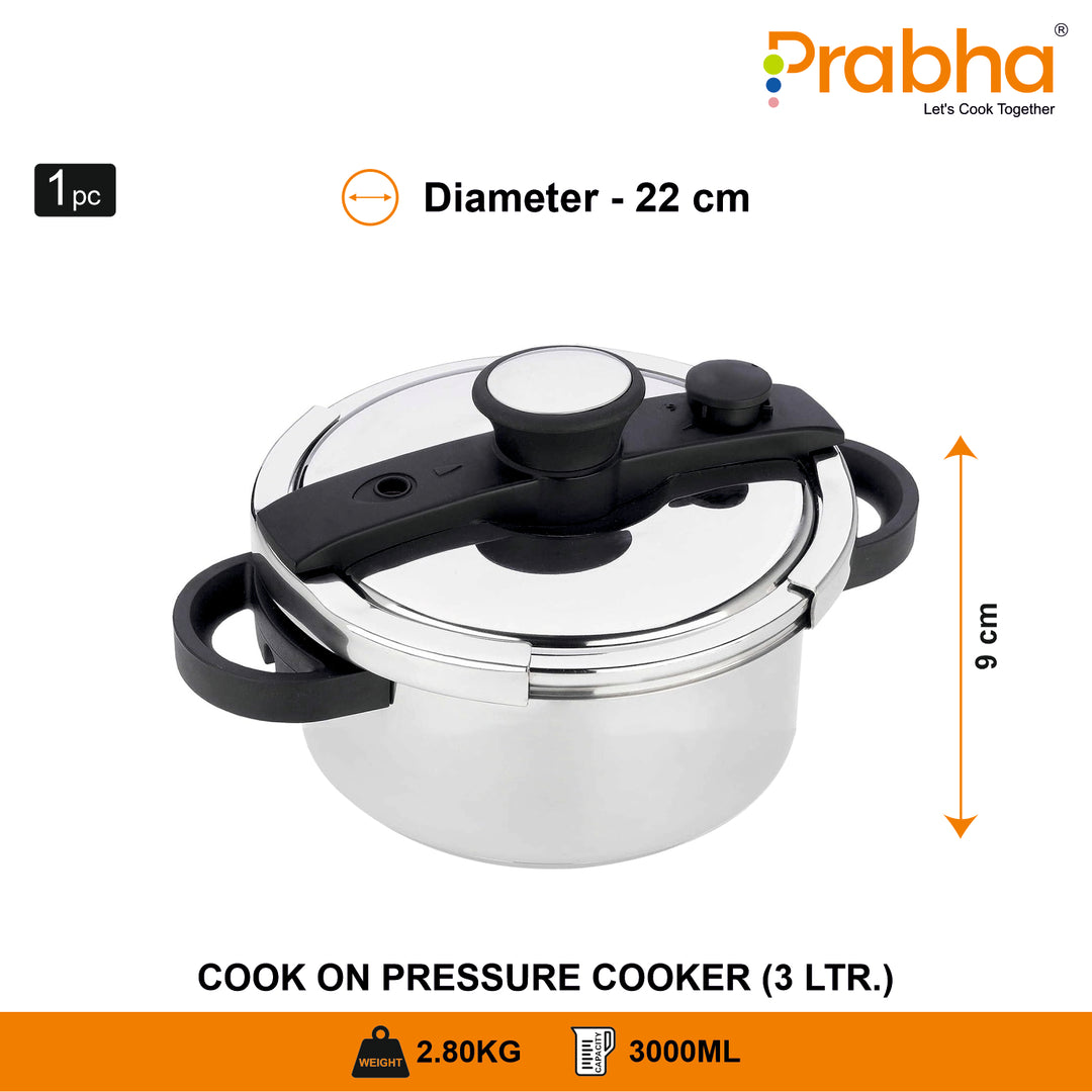 Prabha Cook-on Outer Lid Stainless Steel Pressure Cooker | Deep Lid controls spillage | Pressure Indicator | Anti-bulge Base | Cool Touch Weight | Gas & Induction Base compatible | 5 years warranty