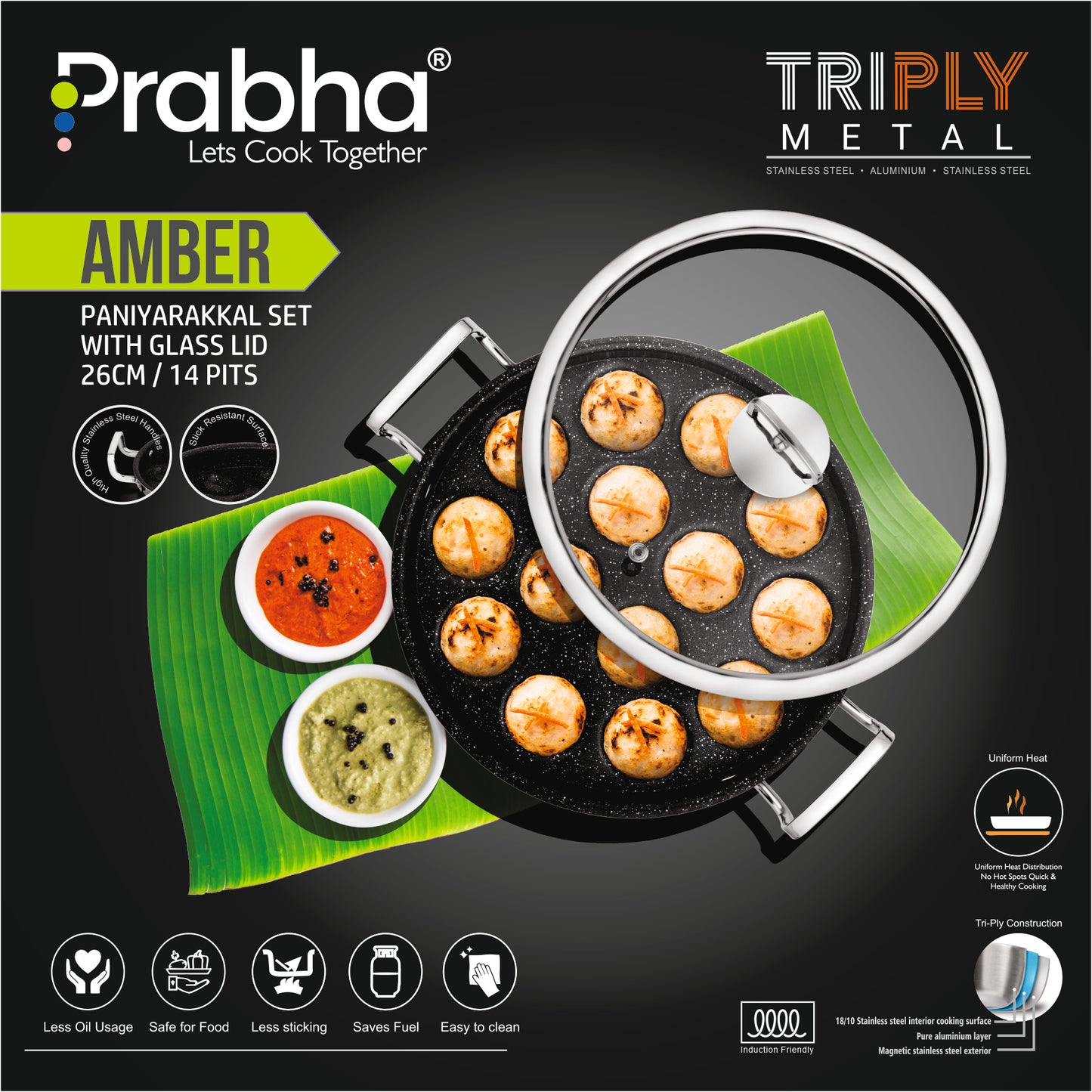Amber Tri-ply Stainless Steel Stick-Resistant Paniyarakal With 14 Pits (26cm Diameter)-Induction Bottom
