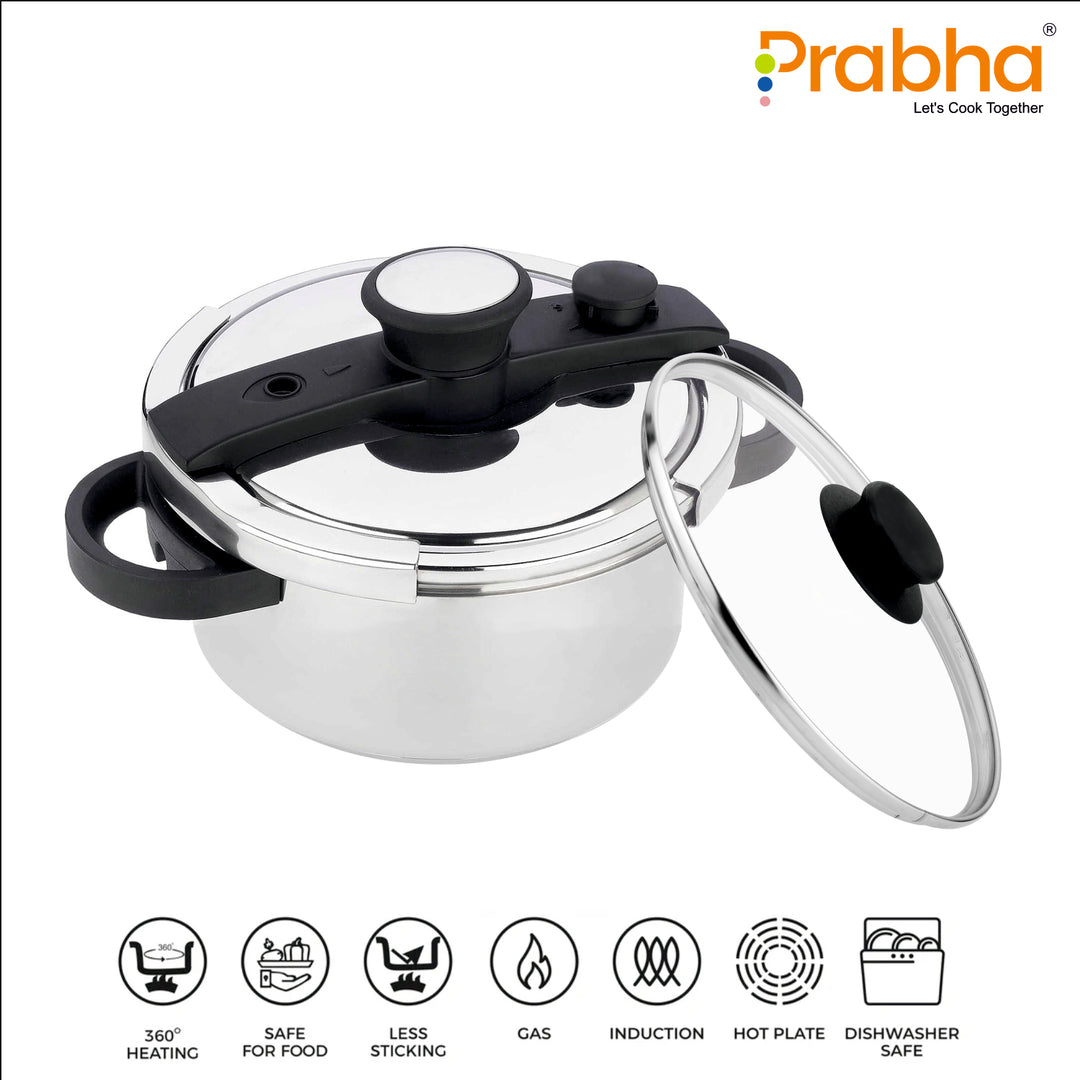 Prabha Cook-on Outer Lid Stainless Steel Pressure Cooker | Deep Lid controls spillage | Pressure Indicator | Anti-bulge Base | Cool Touch Weight | Gas & Induction Base compatible | 5 years warranty