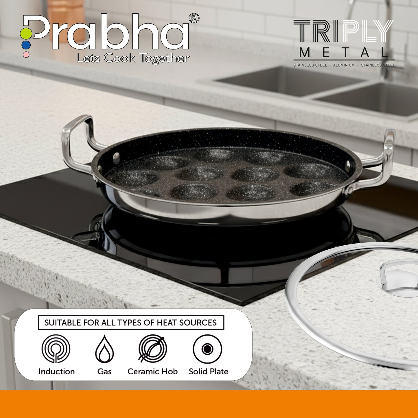 Amber Tri-ply Stainless Steel Stick-Resistant Paniyarakal With 14 Pits (26cm Diameter)-Induction Bottom