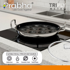 Amber Tri-ply Stainless Steel Stick-Resistant Paniyarakal With 14 Pits 26cm