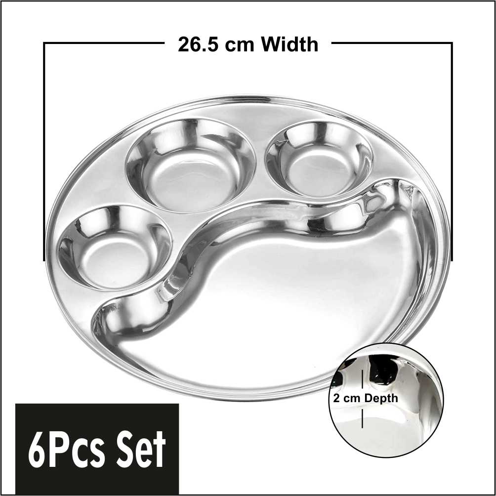 Prabha Stainless Steel Round Lunch Dinner Plate, Bhojan Thali with Round Extra Deep Compartments, Silver Color, 5 in 1 Compartment Plate, for Home, Restaurants, Canteen, Hotels, and Bhandara Also