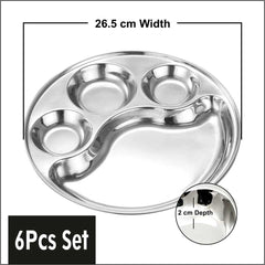 Prabha Stainless Steel Round Lunch Dinner Plate, Bhojan Thali with Round Extra Deep Compartments, Silver Color, 5 in 1 Compartment Plate, for Home, Restaurants, Canteen, Hotels, and Bhandara Also