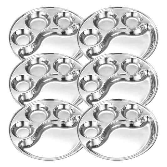 Prabha Stainless Steel Round Lunch Dinner Plate, Bhojan Thali with Round Extra Deep Compartments, Silver Color, 5 in 1 Compartment Plate, for Home, Restaurants, Canteen, Hotels, and Bhandara Also
