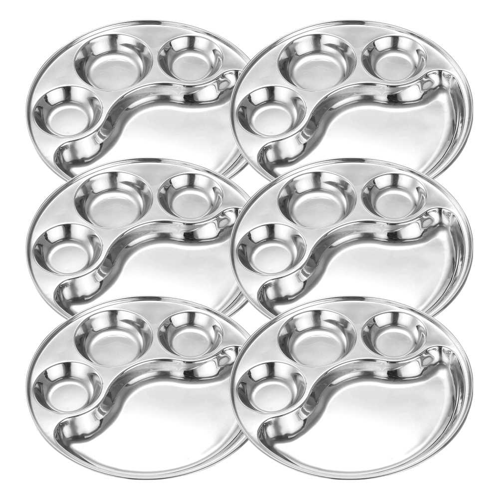 Prabha Stainless Steel Round Lunch Dinner Plate, Bhojan Thali with Round Extra Deep Compartments, Silver Color, 5 in 1 Compartment Plate, for Home, Restaurants, Canteen, Hotels, and Bhandara Also