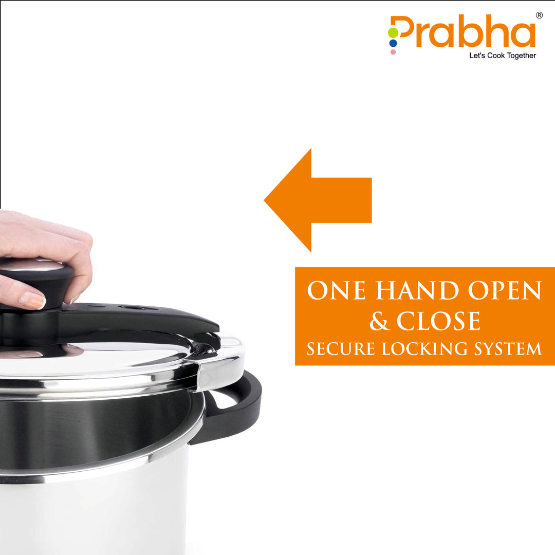 Prabha Cook-on Outer Lid Stainless Steel Pressure Cooker | Deep Lid controls spillage | Pressure Indicator | Anti-bulge Base | Cool Touch Weight | Gas & Induction Base compatible | 5 years warranty