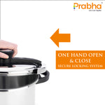 गैलरी व्यूवर में इमेज लोड करें, Prabha Cook-on Outer Lid Stainless Steel Pressure Cooker | Deep Lid controls spillage | Pressure Indicator | Anti-bulge Base | Cool Touch Weight | Gas &amp; Induction Base compatible | 5 years warranty
