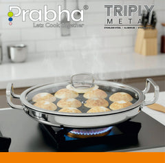 Amber Tri-ply Stainless Steel Stick-Resistant Paniyarakal With 14 Pits 26cm