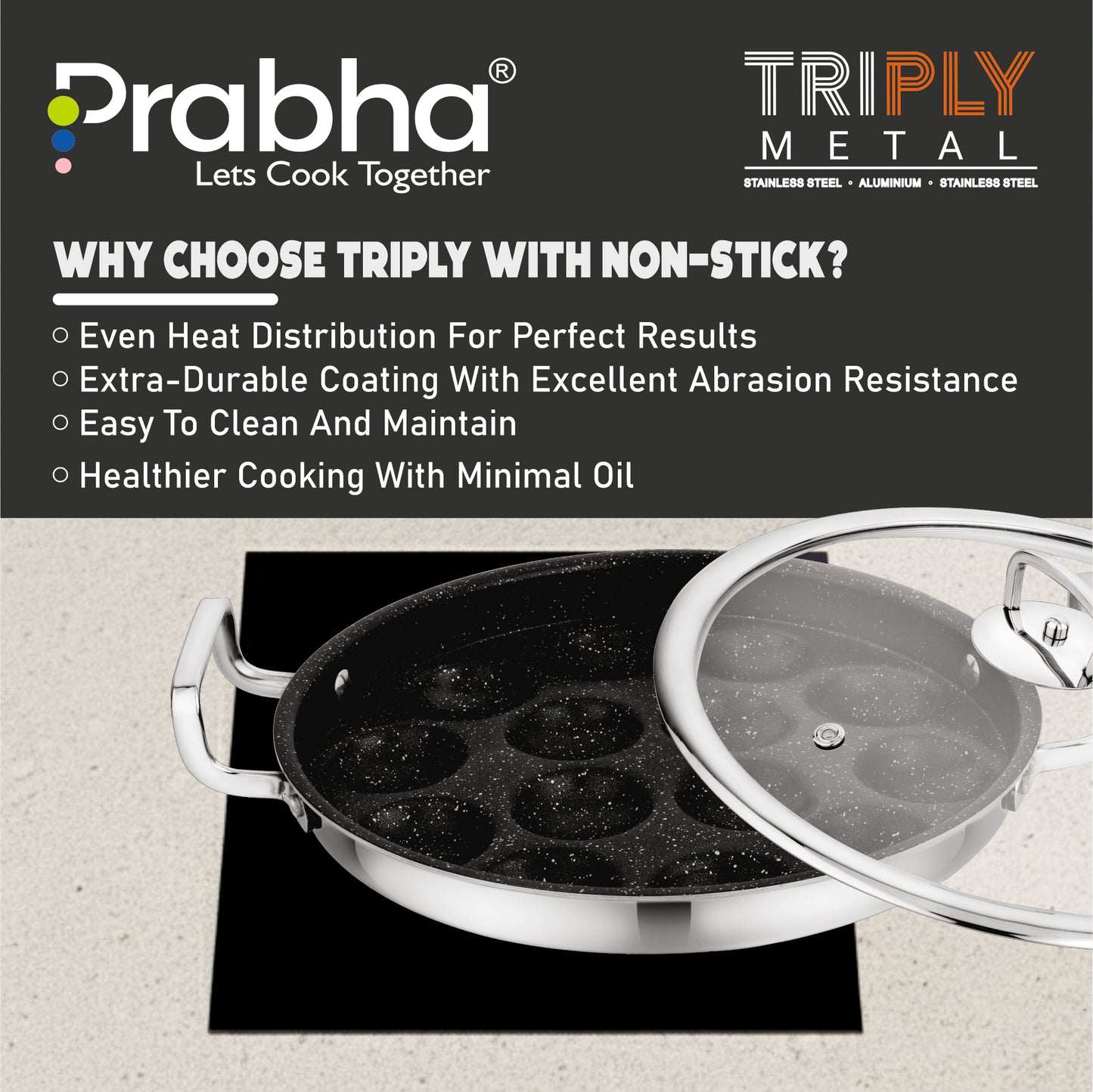 Amber Tri-ply Stainless Steel Stick-Resistant Paniyarakal With 14 Pits (26cm Diameter)-Induction Bottom