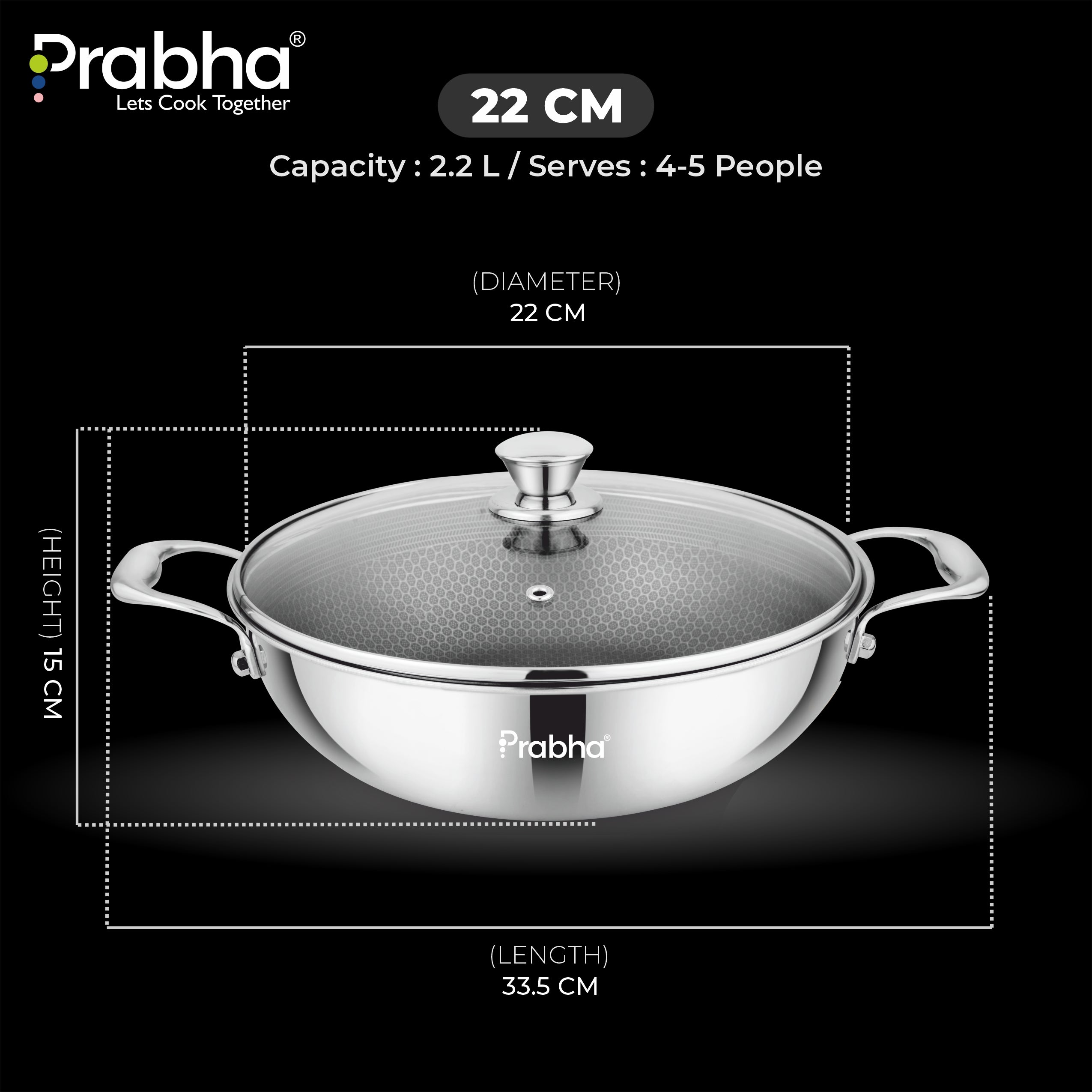 Tri-ply Hexa Cube Kadhai With Lid With Honeycomb Surface