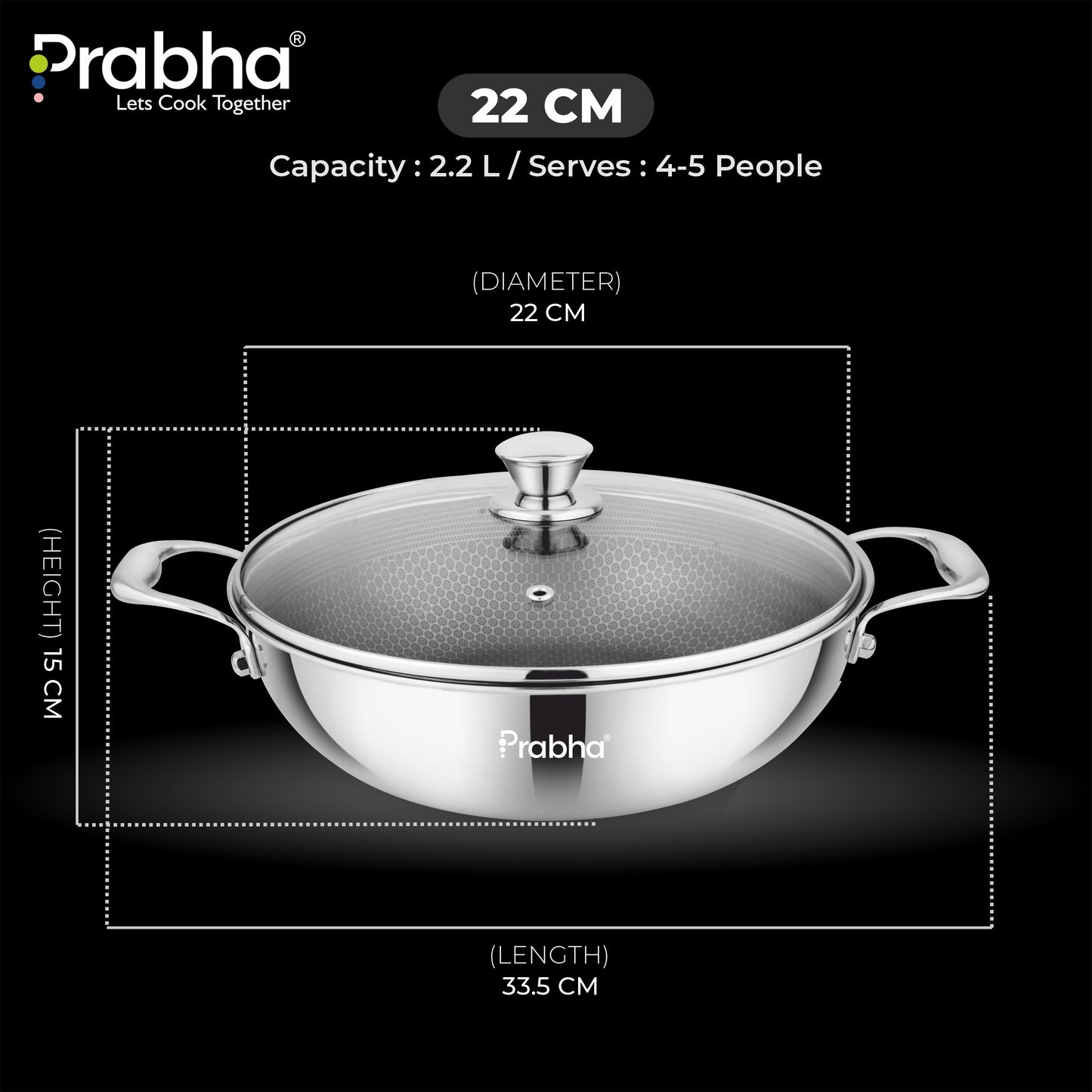 Tri-ply Hexa Cube Kadhai With Lid With Honeycomb Surface