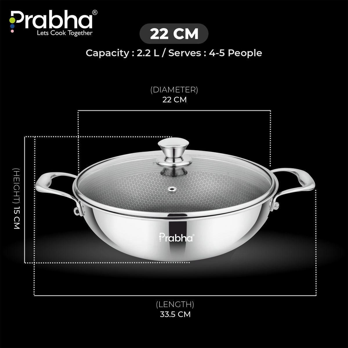 Tri-ply Hexa Cube Kadhai With Lid With Honeycomb Surface
