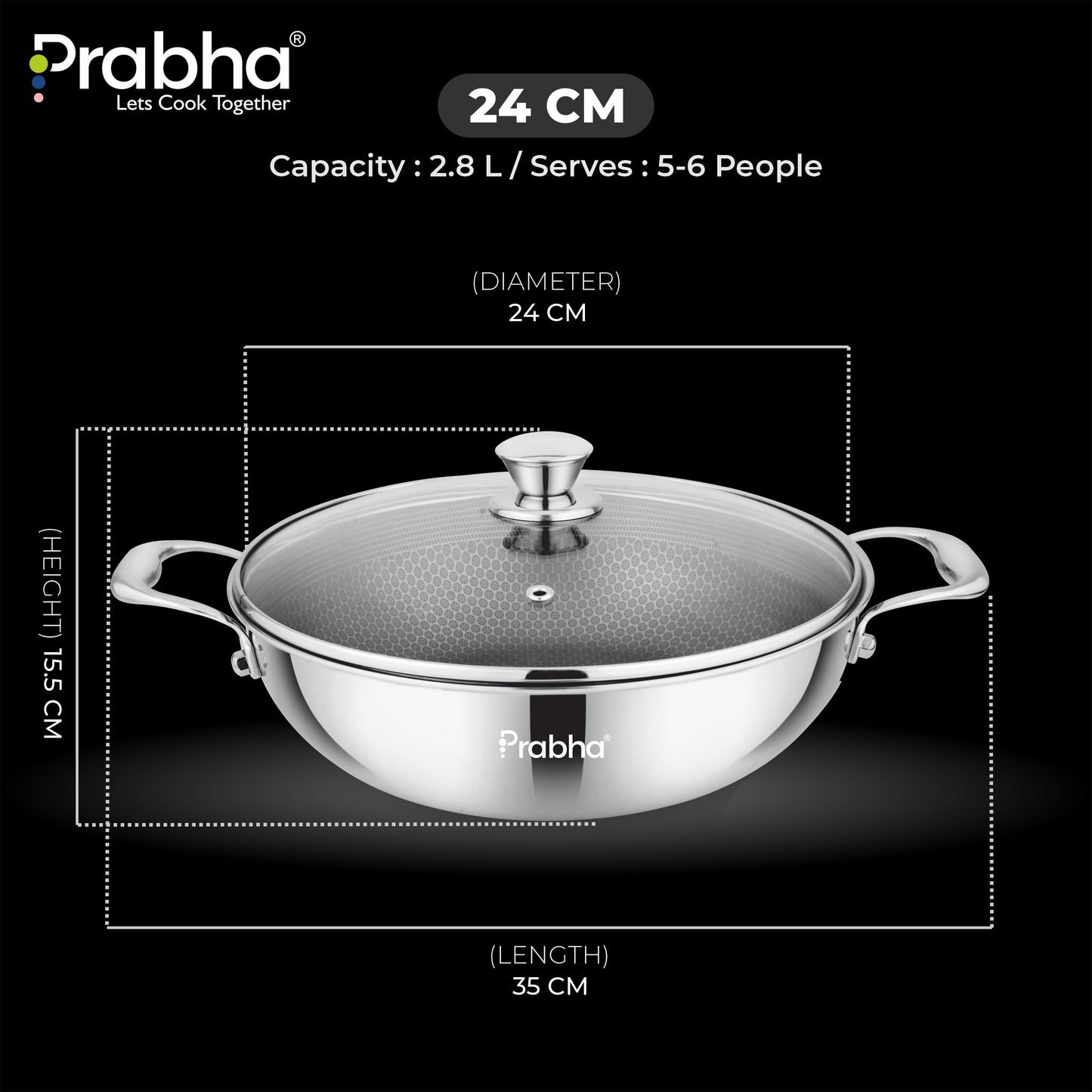 Tri-ply Hexa Cube Kadhai With Lid With Honeycomb Surface