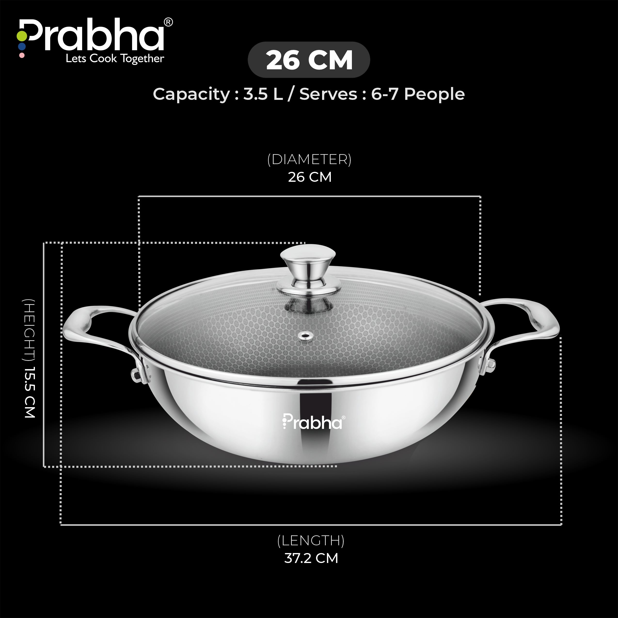 Tri-ply Hexa Cube Kadhai With Lid With Honeycomb Surface