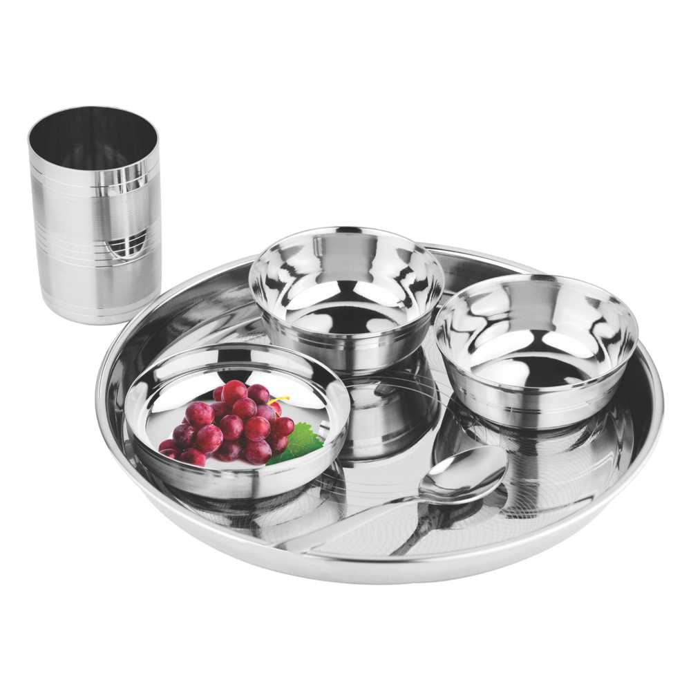 4 Complete Set of 6 Stainless Steel items containing Dinner Plate, Halwa Plate, store 2 Katori Bowl Glass Spoon total 24 items Worldwide Shipping