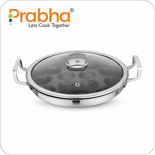 Amber Tri-ply Stainless Steel Stick-Resistant Paniyarakal With 14 Pits (26cm Diameter)-Induction Bottom