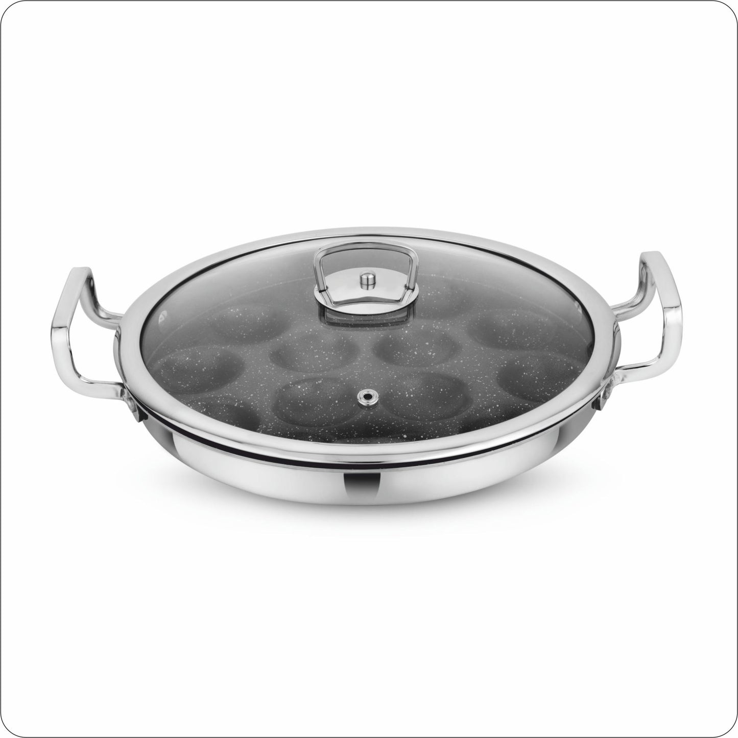 Amber Tri-ply Stainless Steel Stick-Resistant Paniyarakal With 14 Pits 26cm