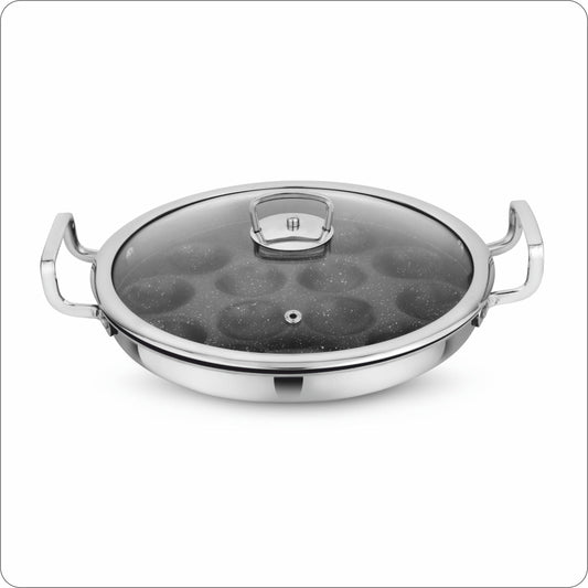 Amber Tri-ply Stainless Steel Stick-Resistant Paniyarakal With 14 Pits (26cm Diameter)-Induction Bottom