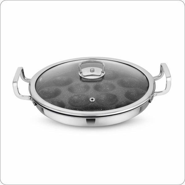 Amber Tri-ply Stainless Steel Stick-Resistant Paniyarakal With 14 Pits 26cm