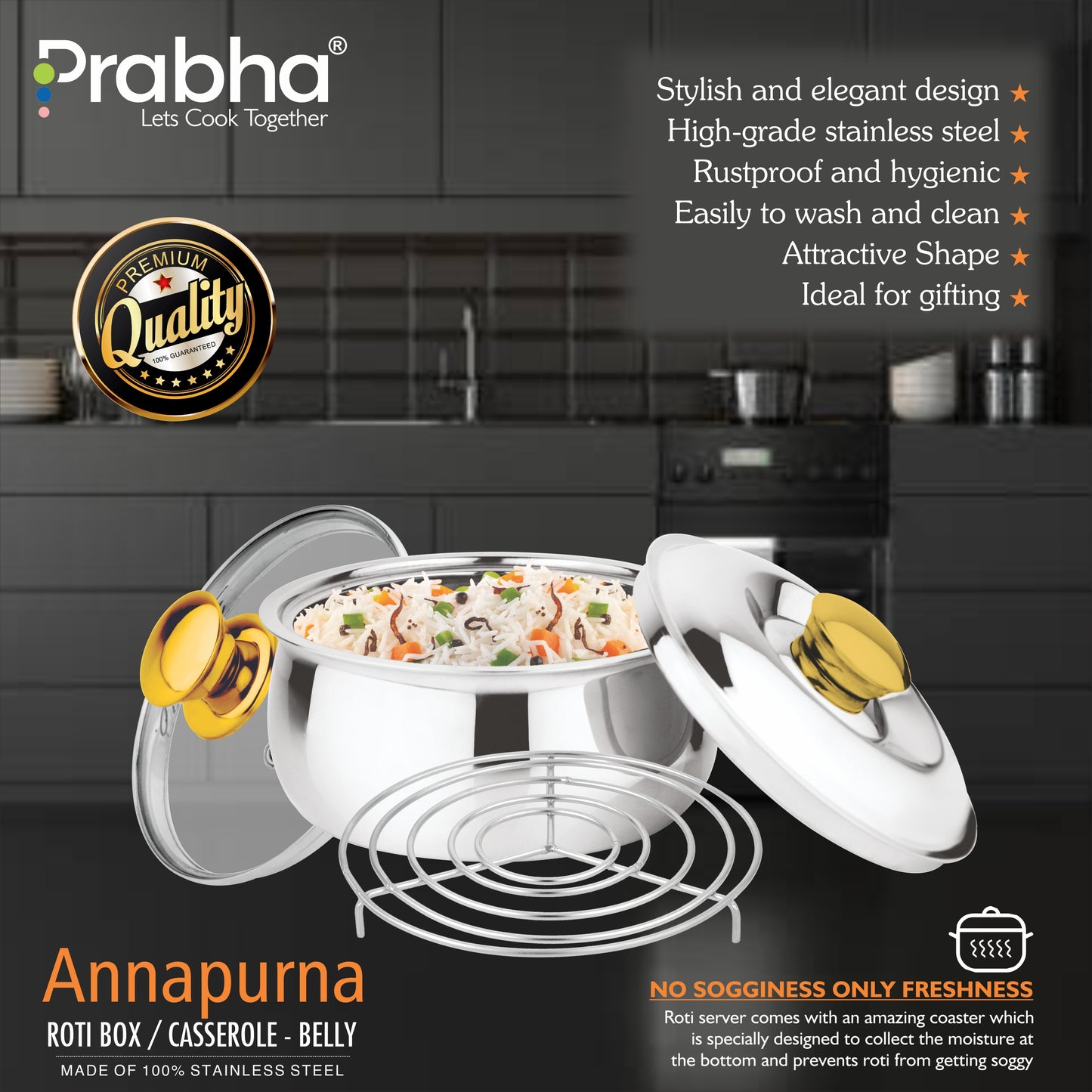 Annapurna Casserole Belly With Steel & Glass Lid