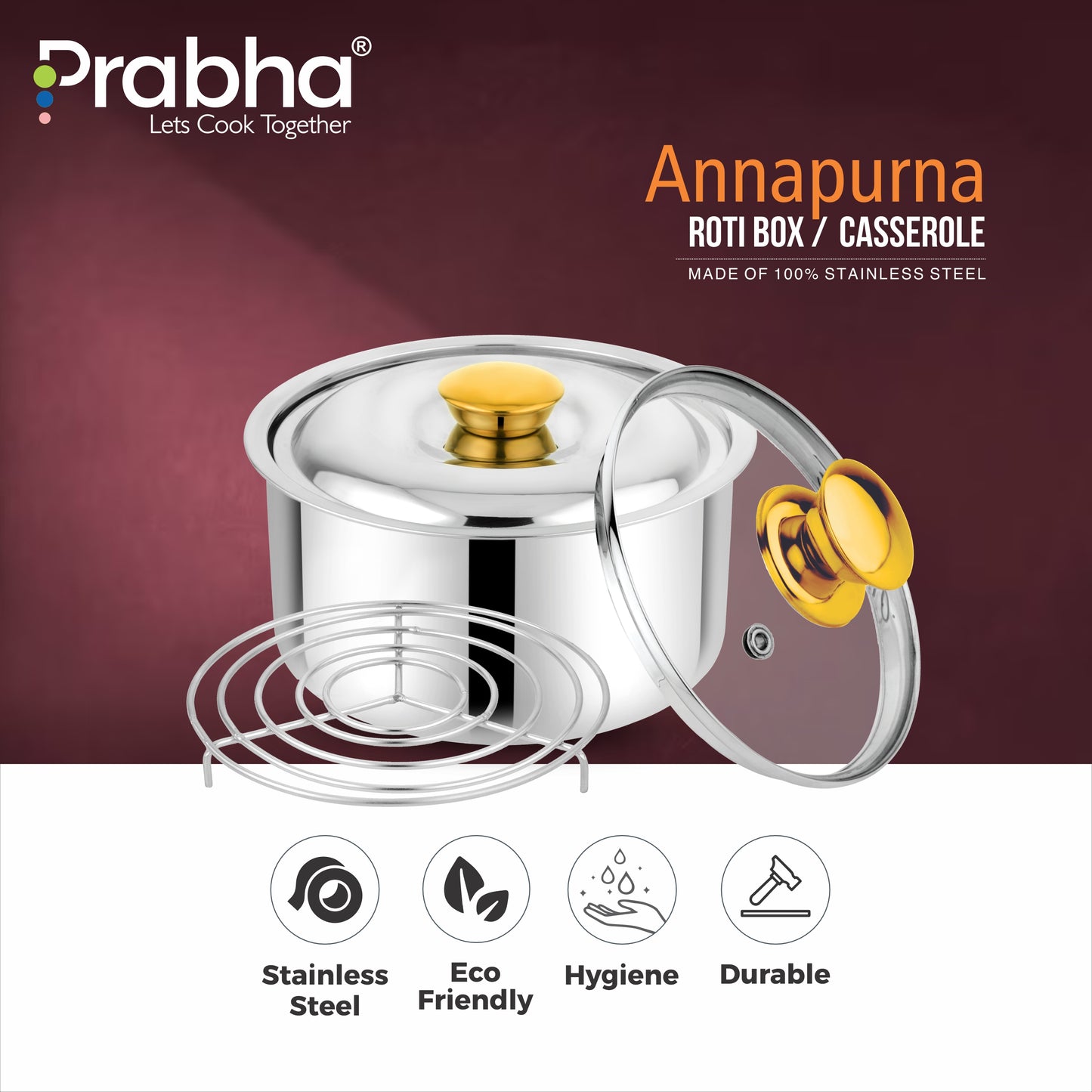 Annapurna Casserole Plain With Steel & Glass Lid