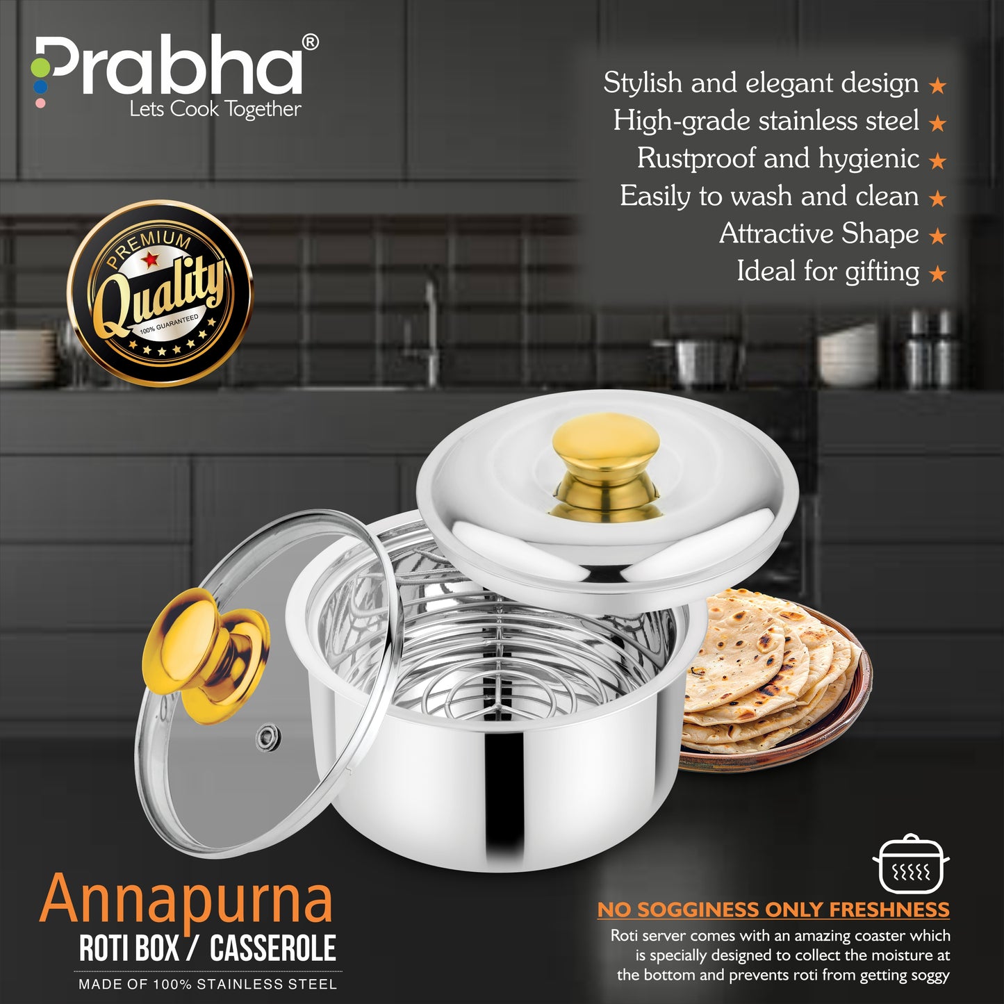 Annapurna Casserole Plain With Steel & Glass Lid