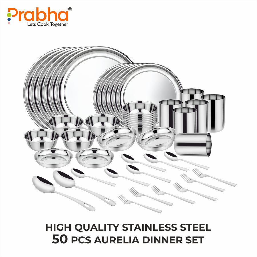 Prabha Aurelia 50 Pcs Stainless Steel Dinner Set | Complete Dining Set for 6 People