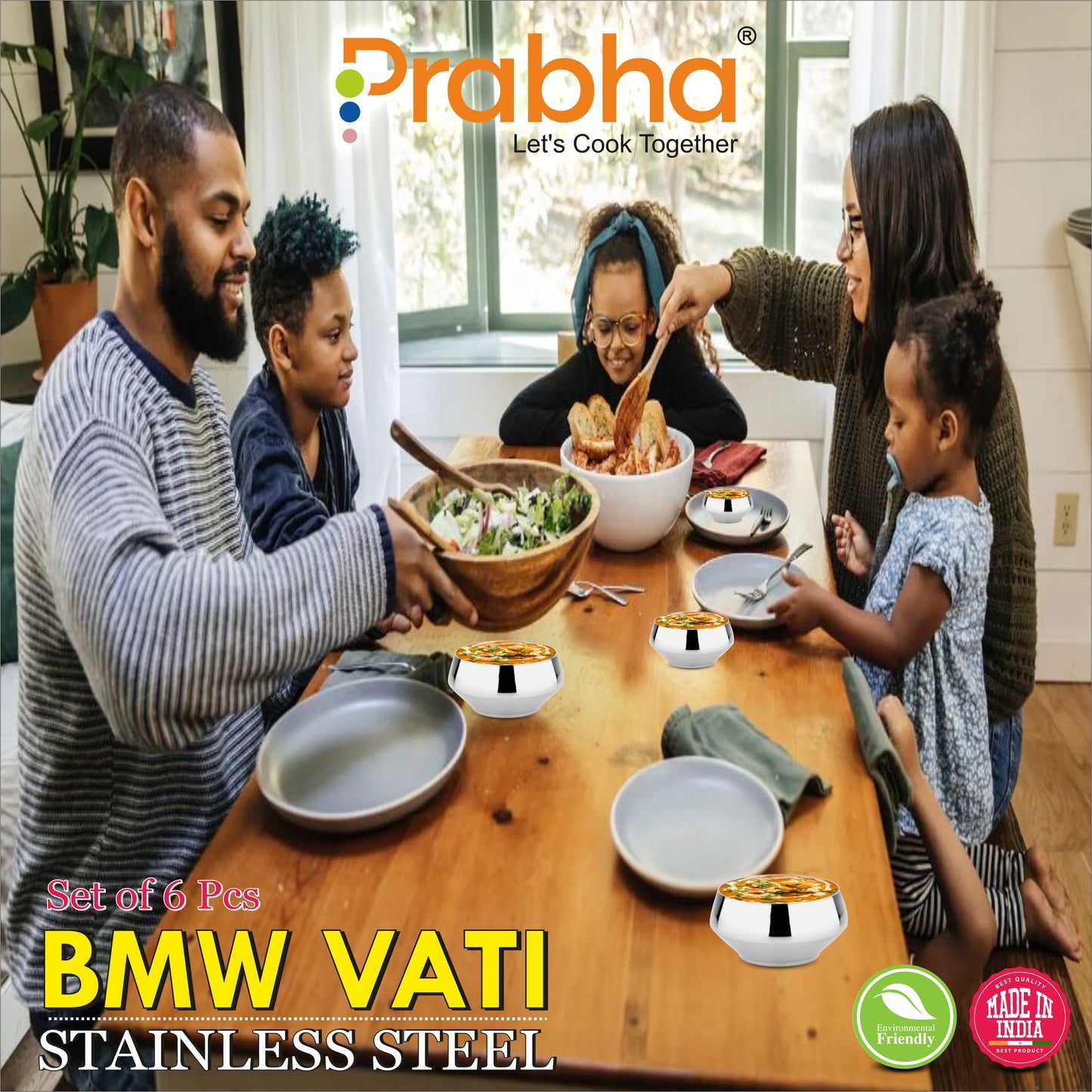 Stainless Steel BMW Vati, Bowl (Katori) Set of 6 Pcs - Prabha