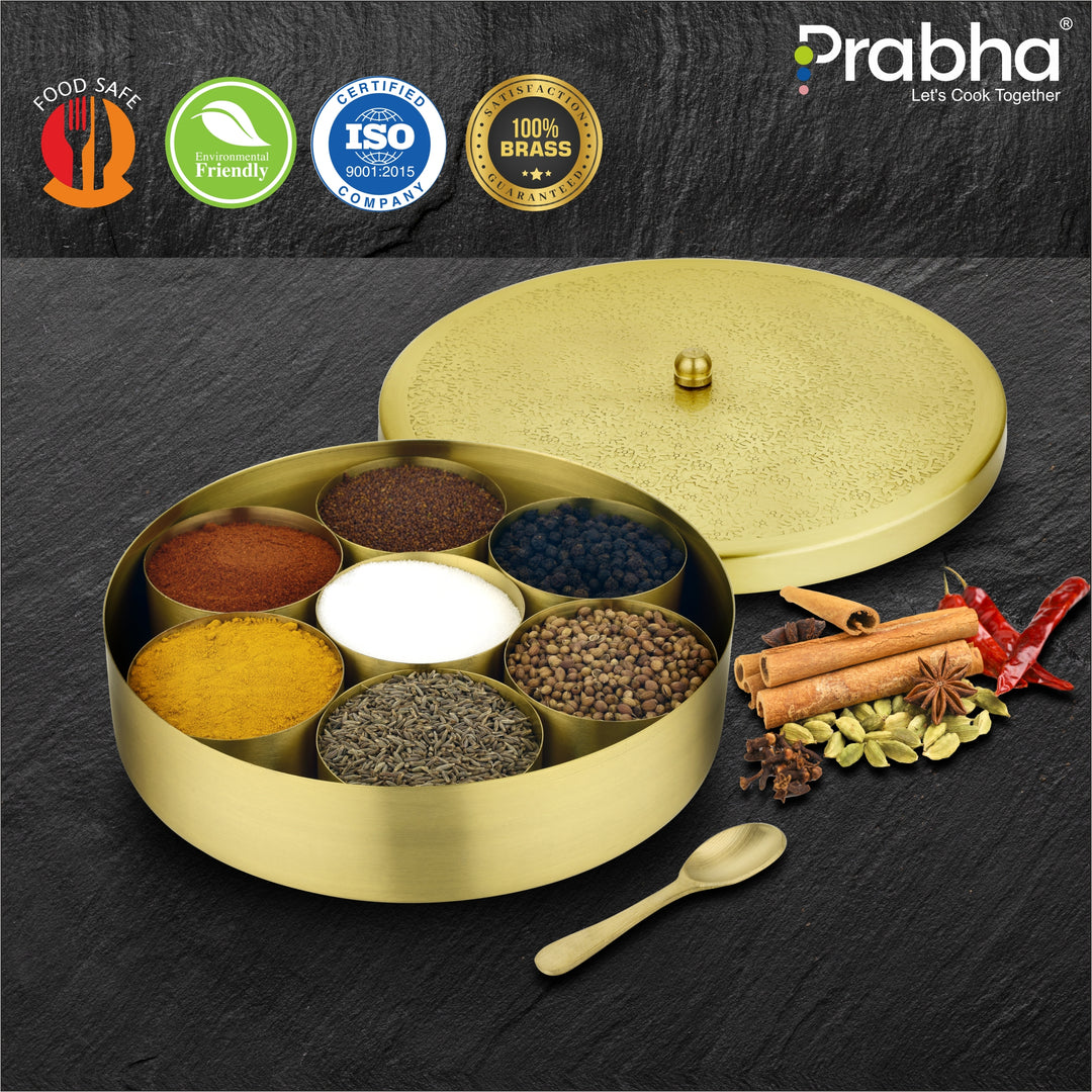 Spice Powder Box Handmade Brass Masala Box Dabba Gold Spice Container with Embossed Lid ...