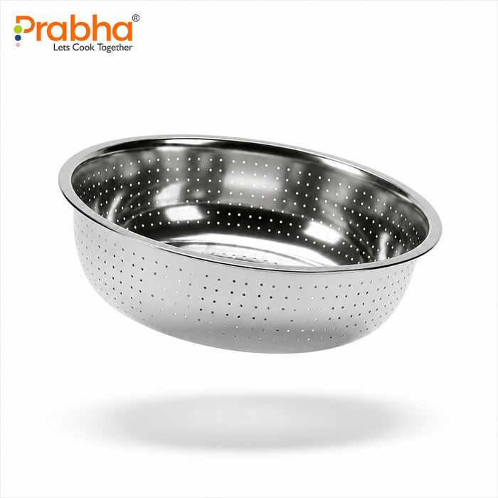 Prabha 30cm Stainless Steel Colander with Handle | Multipurpose Kitchen Strainer for Rice, Fruits & Vegetables