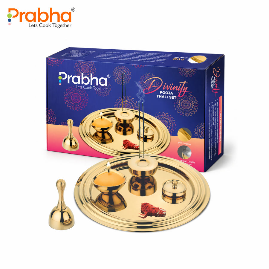Premium Stainless Steel PVD Gold Divinity Puja Thali Set – For Home & Office Temple
