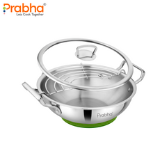 Elante Tri-Ply Kadhai With Glass Lid | With Oil Drainer