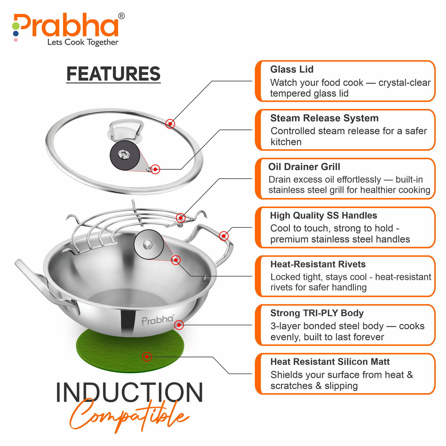 Elante Tri-Ply Kadhai With Glass Lid | With Oil Drainer