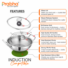 Elante Tri-Ply Kadhai With Glass Lid | With Oil Drainer