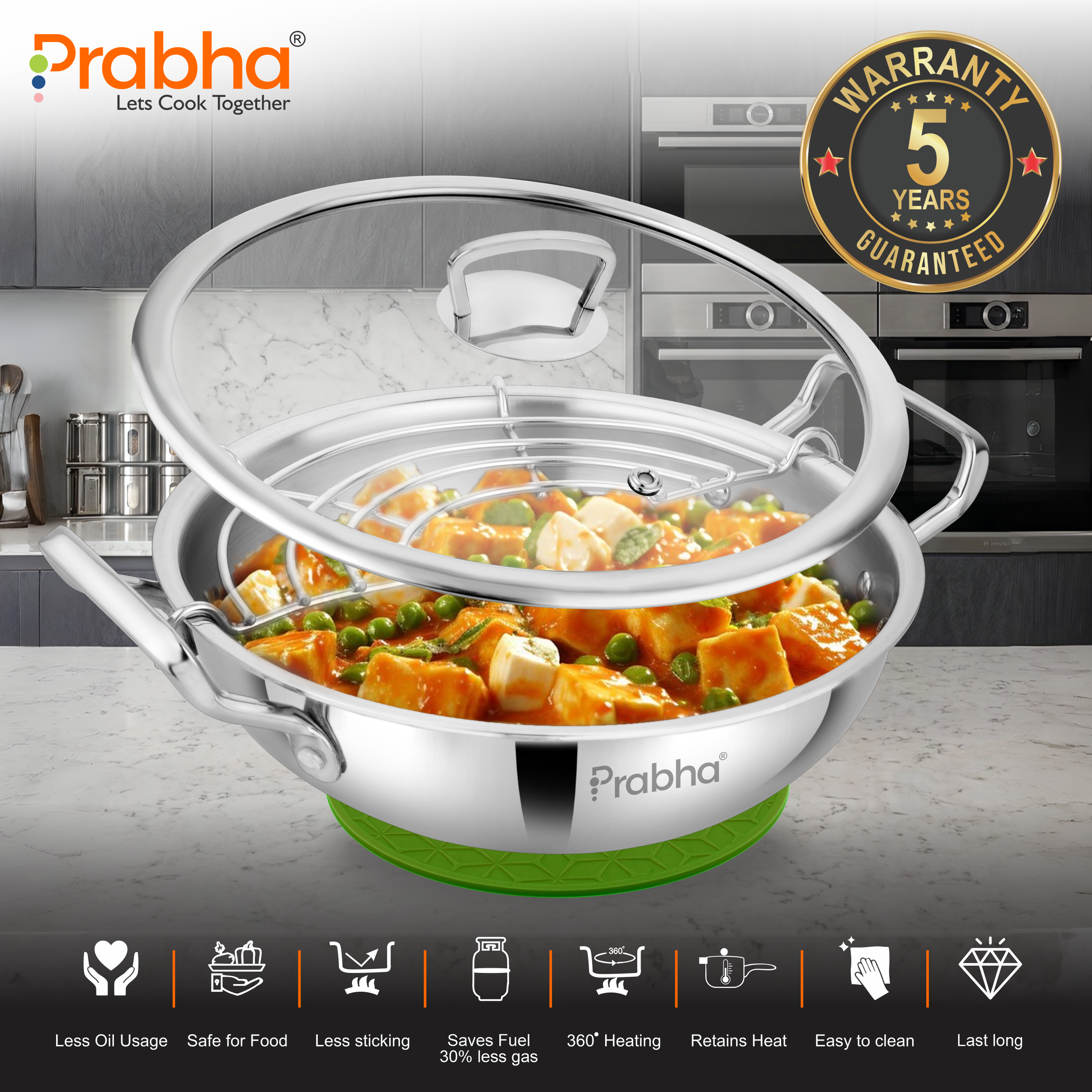 Elante Tri-Ply Kadhai With Glass Lid | With Oil Drainer