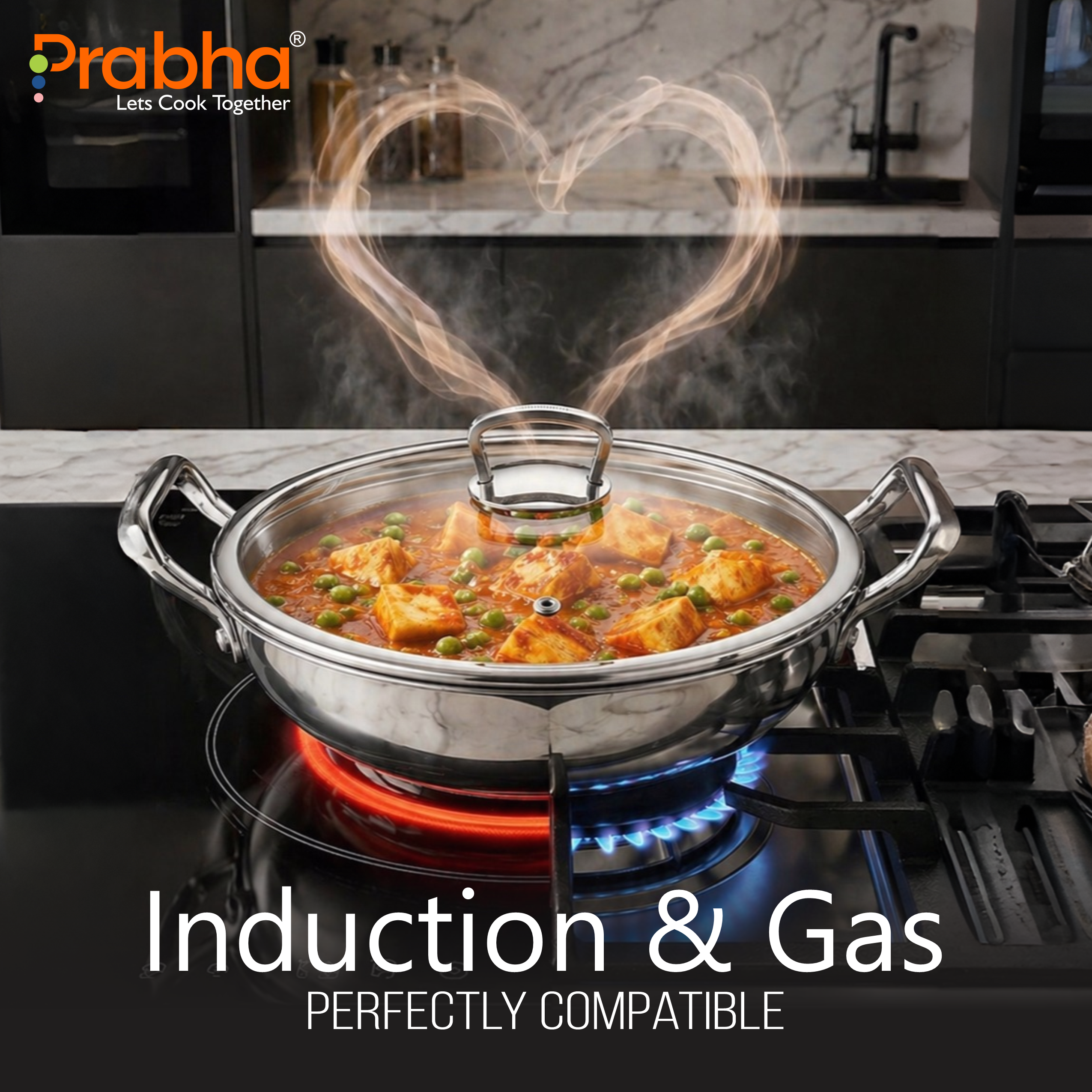 Elante Tri-Ply Kadhai With Glass Lid | With Oil Drainer