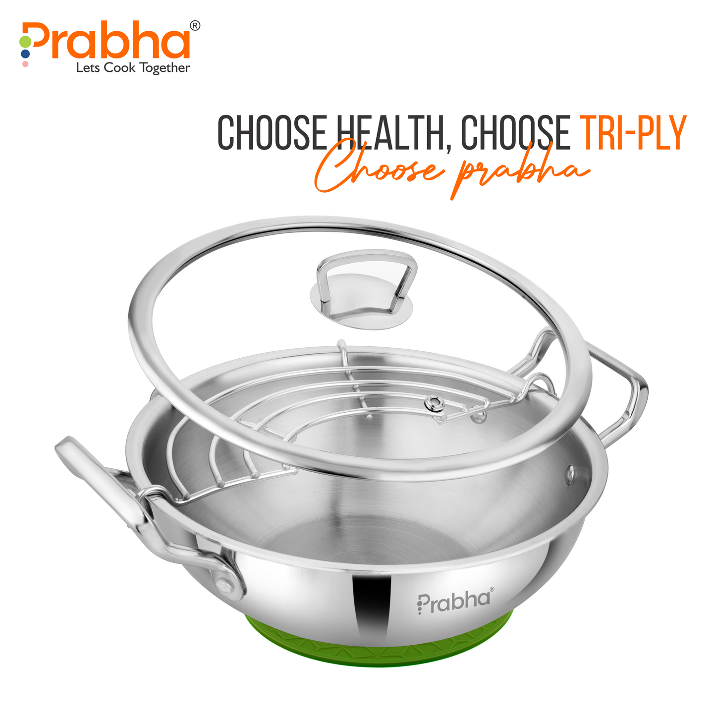 Elante Tri-Ply Kadhai With Glass Lid | With Oil Drainer