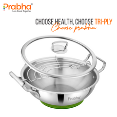 Elante Tri-Ply Kadhai With Glass Lid | With Oil Drainer