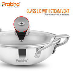 Elante Tri-Ply Kadhai With Glass Lid | With Oil Drainer
