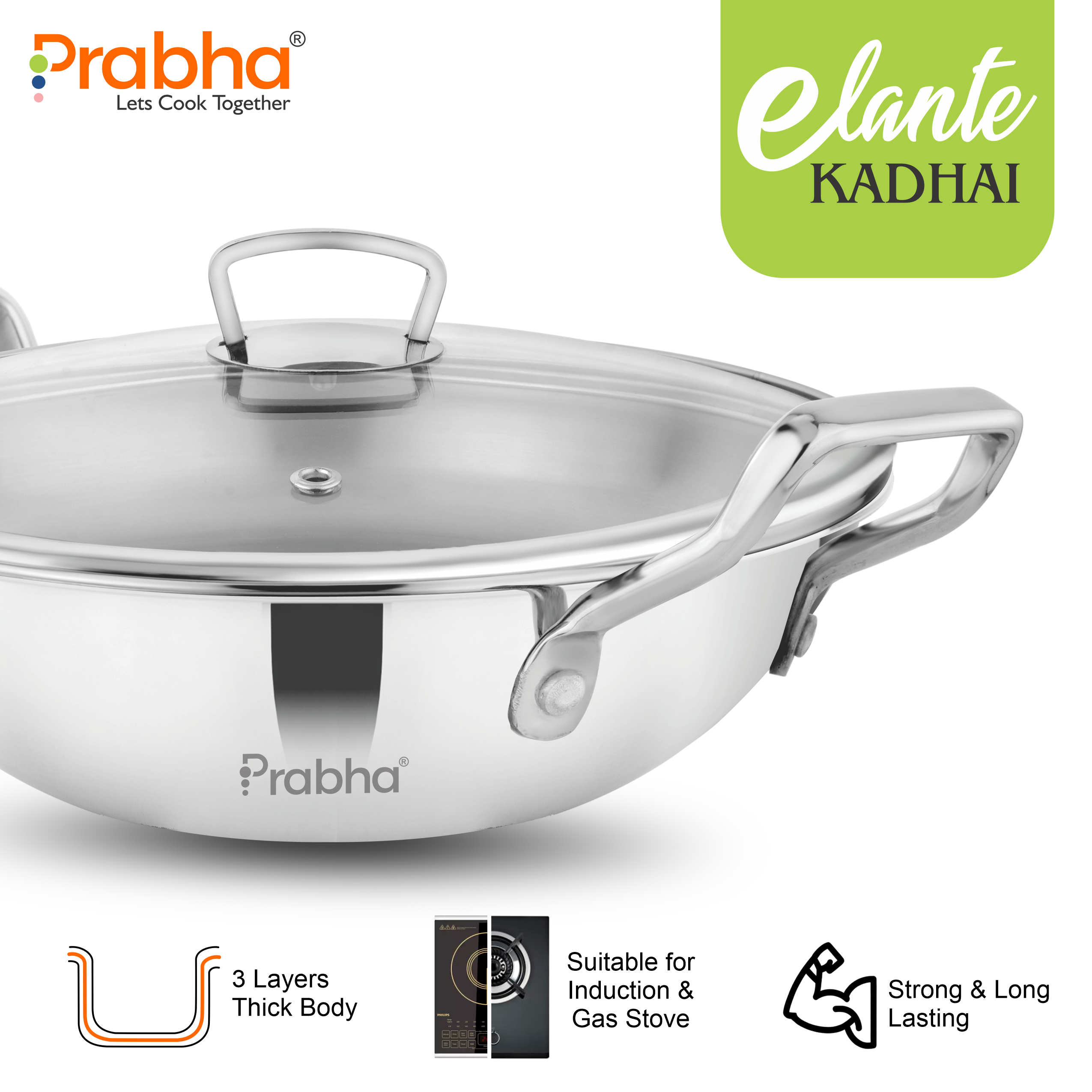 Elante Tri-Ply Kadhai With Glass Lid | With Oil Drainer