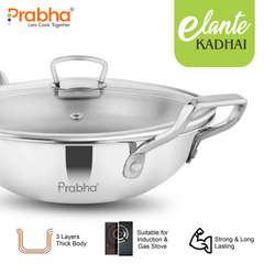 Elante Tri-Ply Kadhai With Glass Lid | With Oil Drainer
