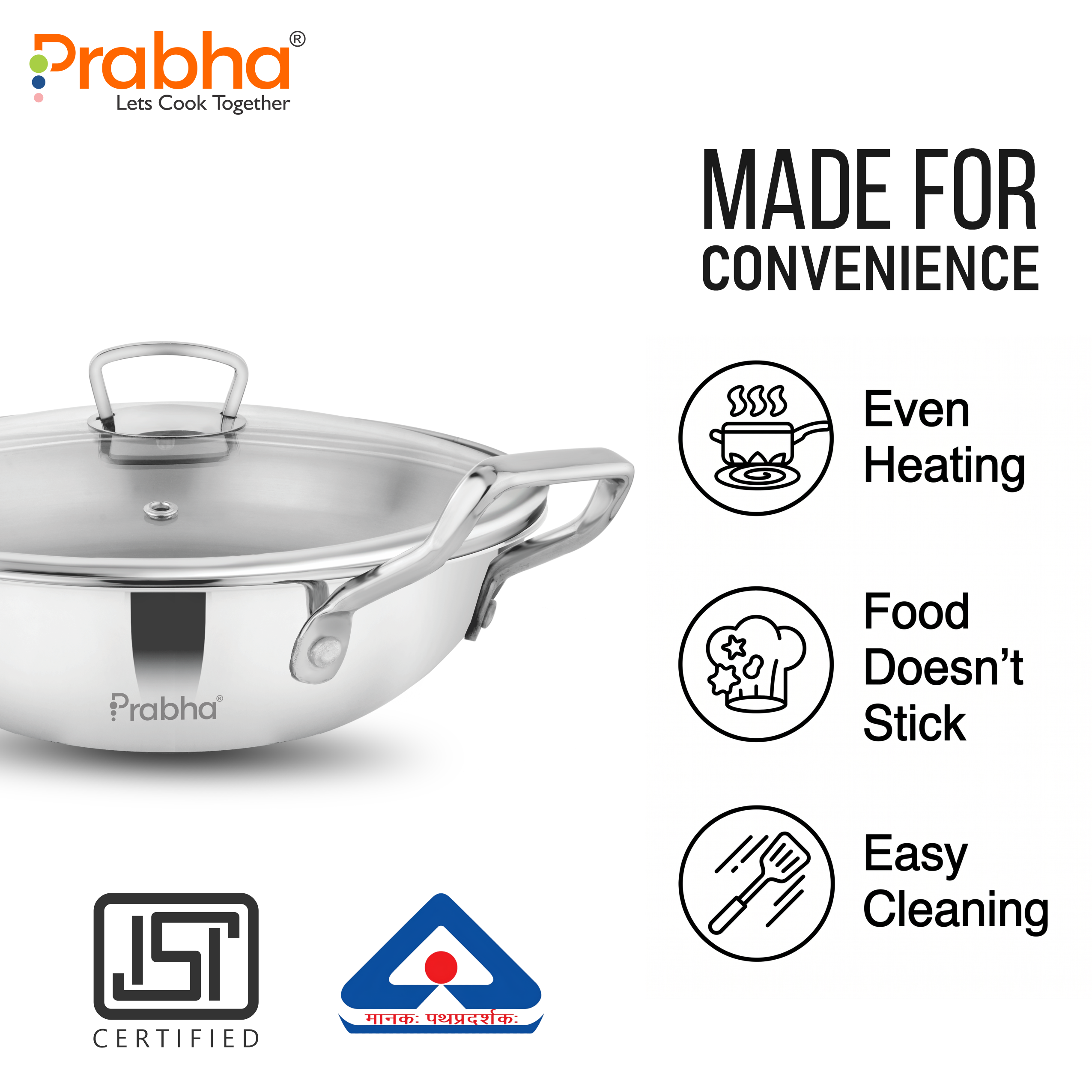Elante Tri-Ply Kadhai With Glass Lid | With Oil Drainer