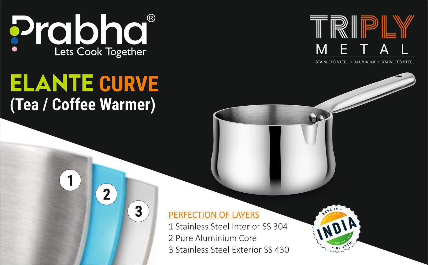 Elante Triply Curve Tea & Coffee Warmer with Pouring Lip | Tri-Ply Stainless Steel Beverage Warmer | Induction Compatible