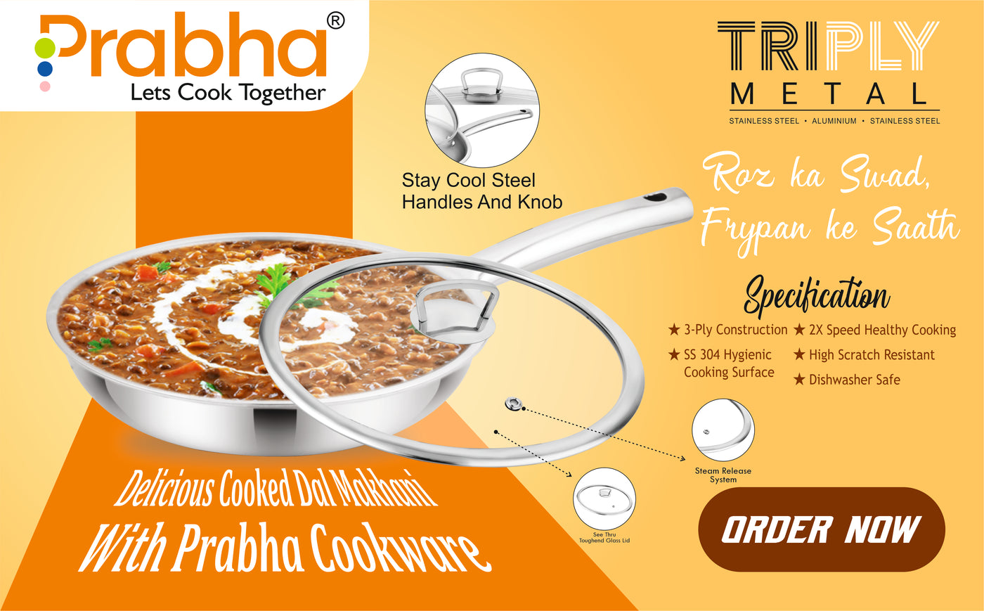 Elante Triply Stainless Steel Frypan with Glass Lid | Built for Everyday Excellence & Induction Friendly