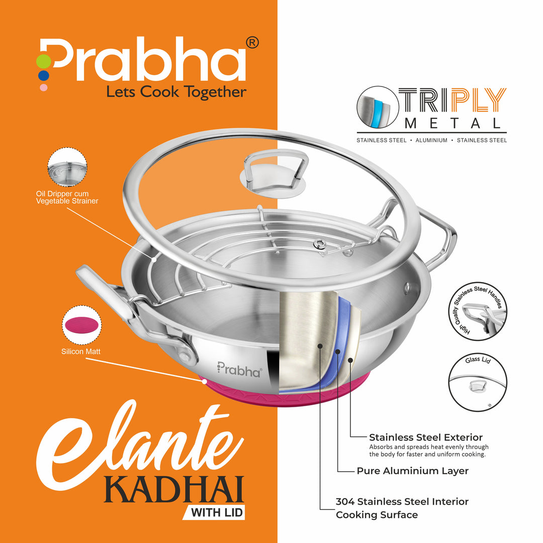 Stainless Steel Tri-Ply Elante Kadhai With Glass Lid
