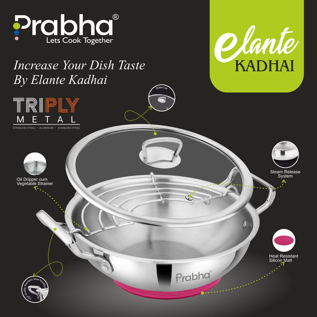 Stainless Steel Tri-Ply Elante Kadhai With Glass Lid